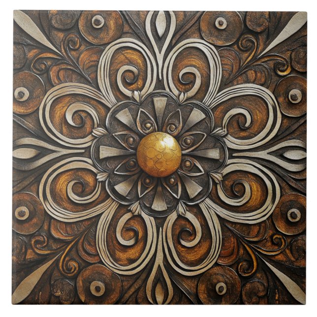 Ornate Scrollwork with Golden Center 3 Ceramic Tile (Front)