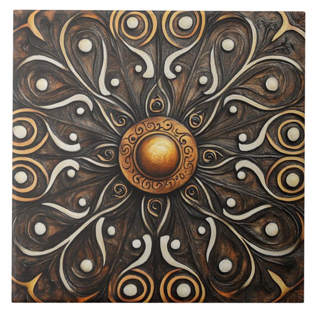 Ornate Scrollwork with Golden Center 4 Ceramic Tile (Front)