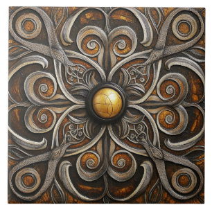 Ornate Scrollwork with Golden Center Ceramic Tile