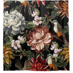 Ornate seamless pattern with vintage peonies,  ros shower curtain