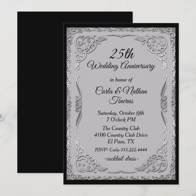 Ornate Silver and Gray Wedding Anniversary Invitation (Front/Back)