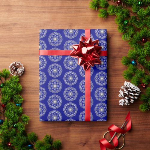 Ornate Silver and White Snowflake on Blue Wrapping Paper