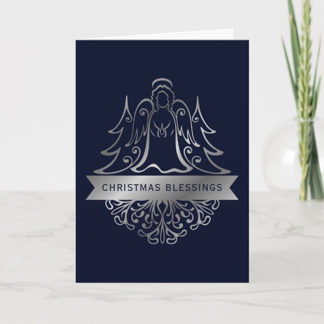Ornate Silver Angel Christmas Blessings Navy Holiday Card (Front)