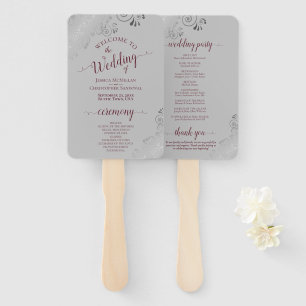 Ornate Silver & Burgundy on Gray Wedding Program Hand Fan