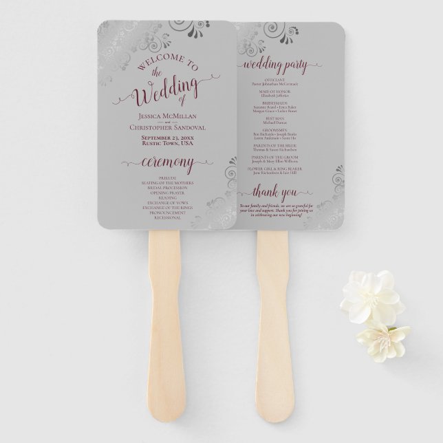 Ornate Silver & Burgundy on Gray Wedding Program Hand Fan (Front and Back)