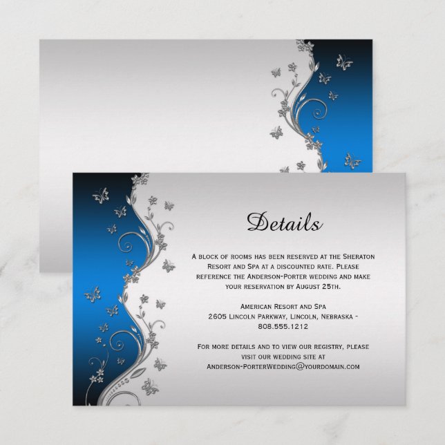 Ornate Silver Butterflies on Blue Gradient Details RSVP Card (Front/Back)