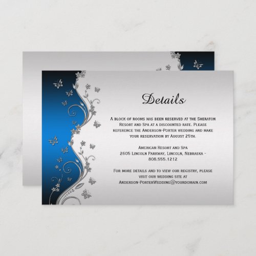 Ornate Silver Butterflies on Blue Gradient Details RSVP Card