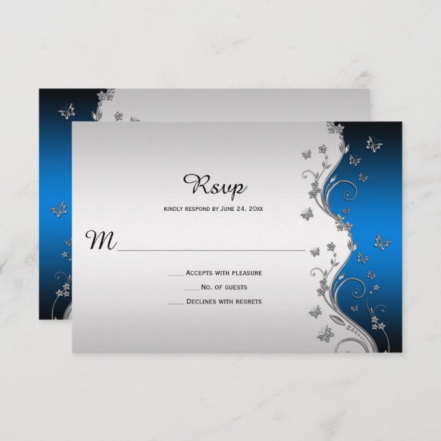 Ornate Silver Butterflies on Blue Gradient RSVP (Front/Back)