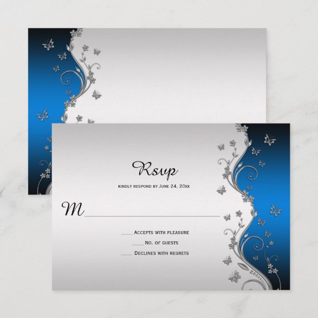 Ornate Silver Butterflies on Blue Gradient RSVP Card (Front/Back)