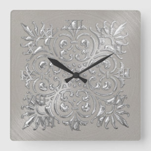 Ornate Silver Embossed Look Roman Numerals Square Wall Clock