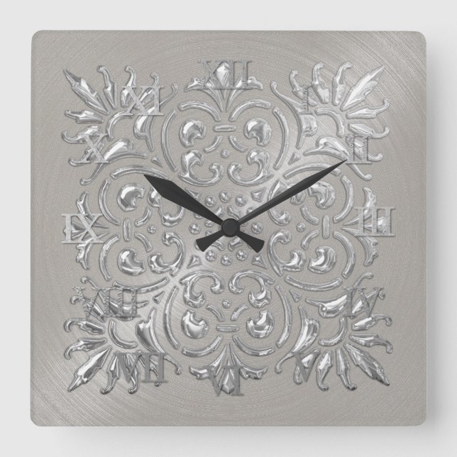 Ornate Silver Embossed Look Roman Numerals Square Wall Clock (Front)