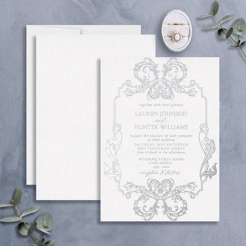 Ornate Silver Floral Line Art Monogram Wedding Foil Invitation