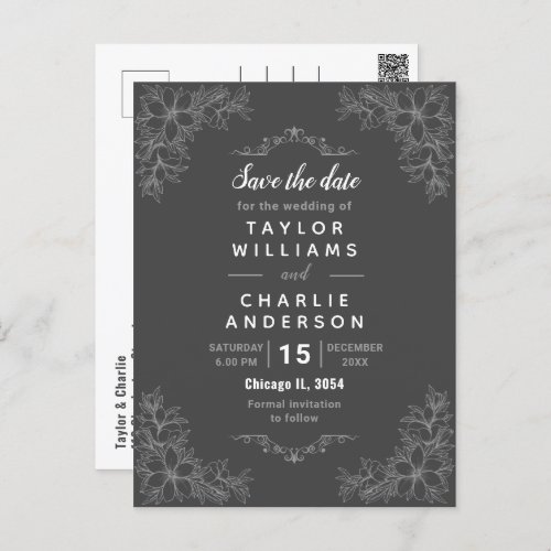 Ornate Silver Floral Save The Date Postcard