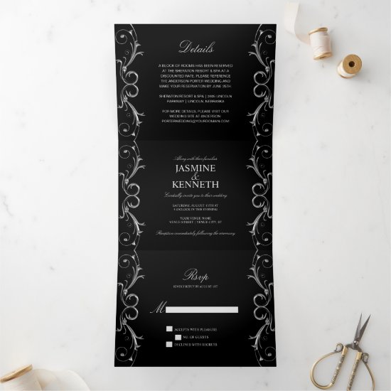 Ornate Silver Floral Swirls on Black Wedding Tri-Fold Invitation