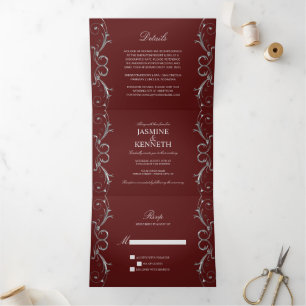 Ornate Silver Floral Swirls on Burgundy Wedding Tri-Fold Invitation