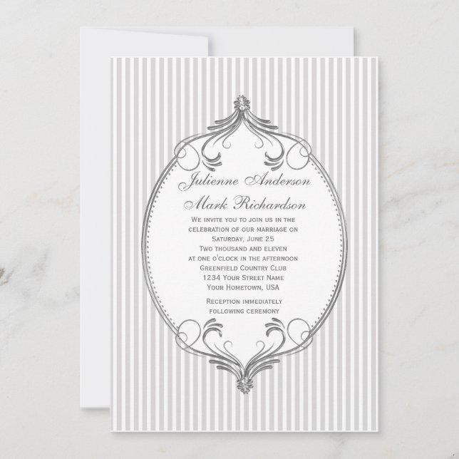 Ornate Silver Frame Light Gray Stripes Wedding Invitation (Front)