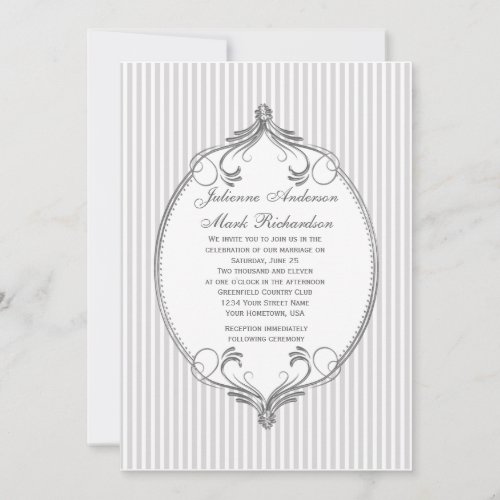 Ornate Silver Frame Light Gray Stripes Wedding Invitation