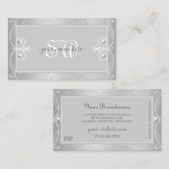 Ornate Silver Gray Mosaic Sparkle Jewels Monogram Business Card (Front/Back)