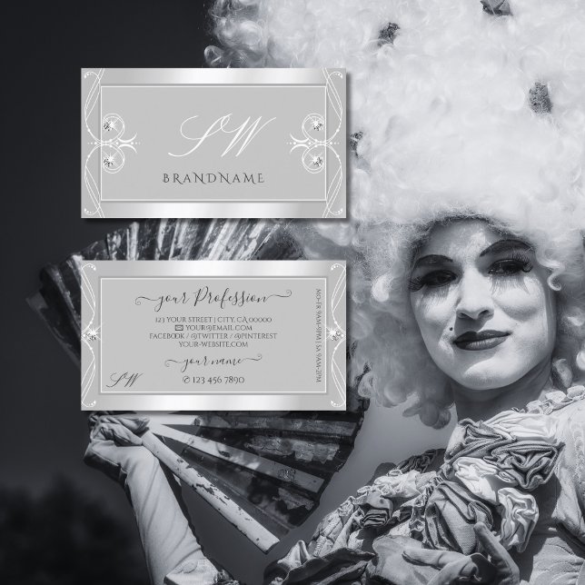 Ornate Silver Light Gray Sparkle Jewels Initials Business Card (Creator Uploaded)