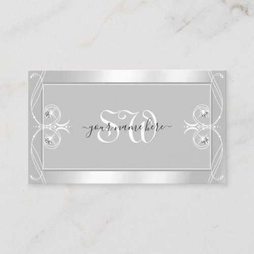 Ornate Silver Light Gray Sparkle Jewels Monogram Business Card
