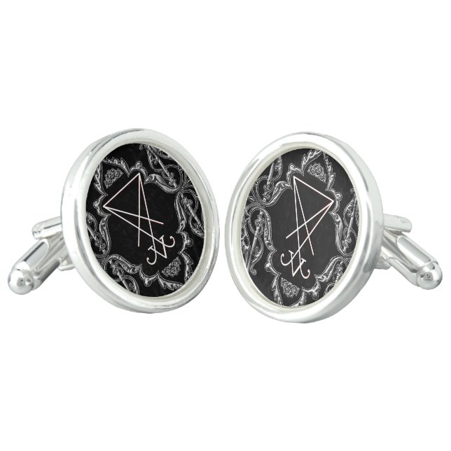 Ornate Silver Lucifer Sigil Occult Art  Cufflinks (Angled)