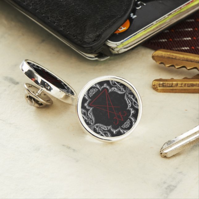 Ornate Silver Lucifer Sigil Occult Art Lapel Pin (In Situ)
