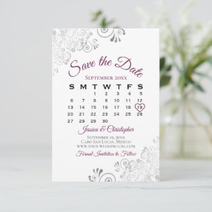 Ornate Silver & Magenta on White Wedding Calendar Save The Date