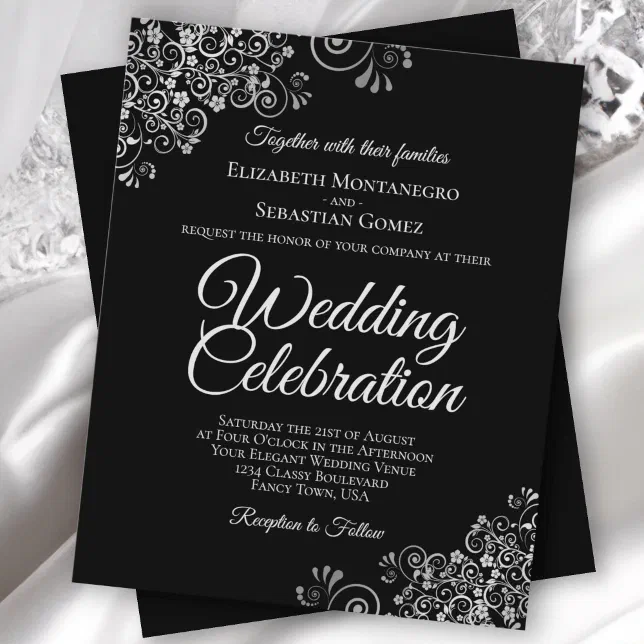 Ornate Silver on Black BUDGET Wedding Invitation | Zazzle