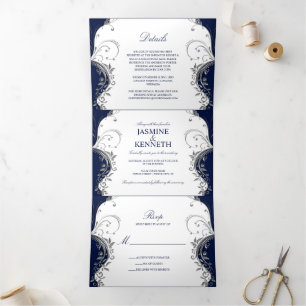 Ornate Silver Swirls on Navy and White Wedding Tri-Fold Invitation