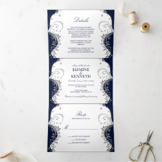 Ornate Silver Swirls on Navy and White Wedding Tri-Fold Invitation