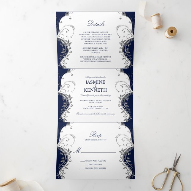 Ornate Silver Swirls on Navy and White Wedding Tri-Fold Invitation (Inside)