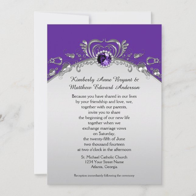 Ornate Silver Swirls Purple Gemstones Diamonds Invitation (Front)