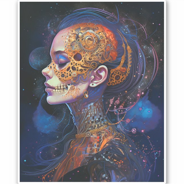 Ornate Skull Woman Surreal Art Sticker (Front)