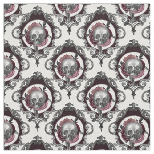 Ornate Skulls and Flowers on White Fabric