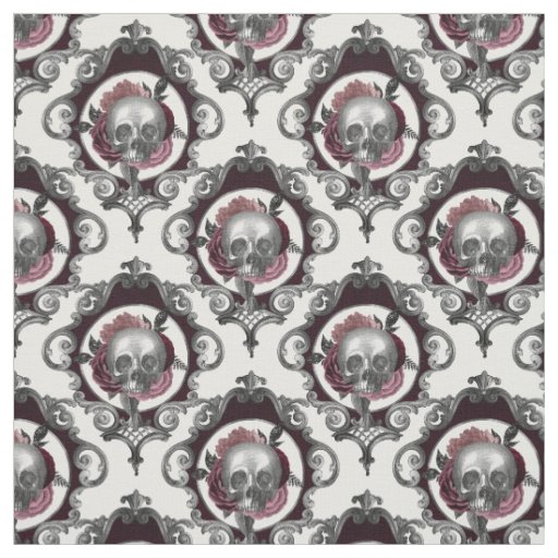 Ornate Skulls and Flowers on White Fabric