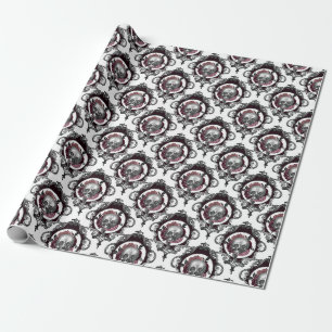 Ornate Skulls and Flowers on White Wrapping Paper