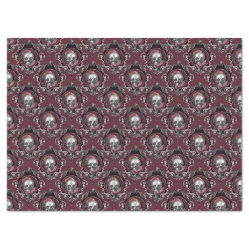 Ornate Skulls and Flowers on Wine Decoupage Tissue Paper