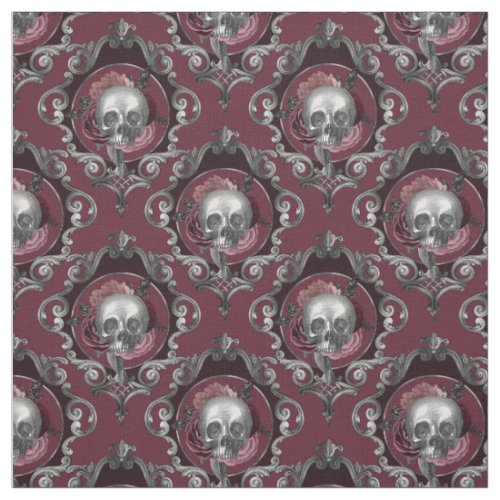 Ornate Skulls and Flowers on Wine Fabric