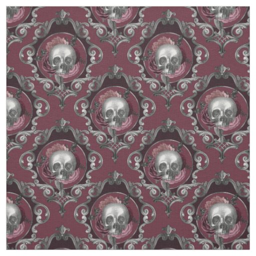 Ornate Skulls and Flowers on Wine Fabric