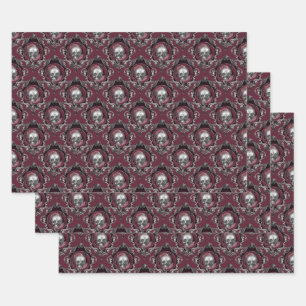 Ornate Skulls and Flowers on Wine Wrapping Paper Sheets