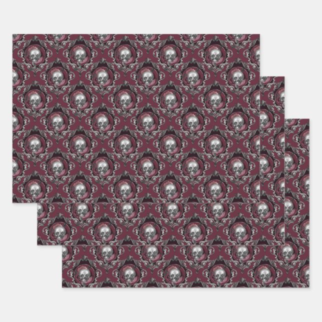Ornate Skulls and Flowers on Wine Wrapping Paper Sheets (Set)