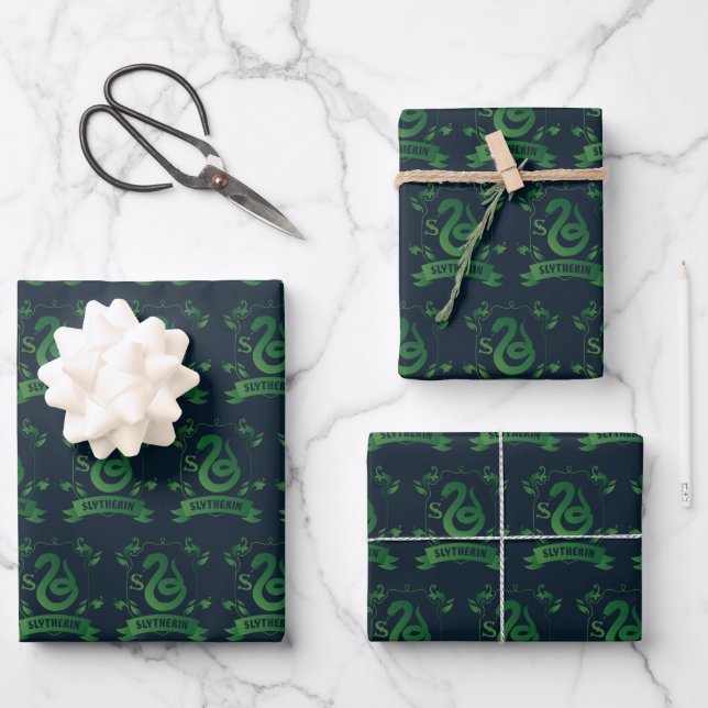 Ornate SLYTHERIN™ House Crest Wrapping Paper Sheets (Front)