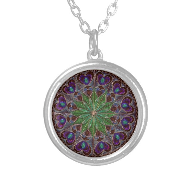 Ornate Stained Glass Design Mandala Silver Plated Necklace (Front)