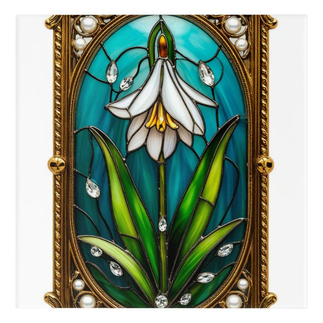 Ornate Stained Glass Panel with White Flower Acrylic Print (Front)