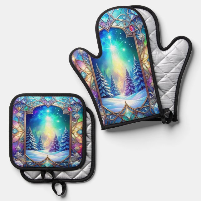 Ornate Stained Glass Pattern Oven Mitt & Pot Holder Set (Front/Back)