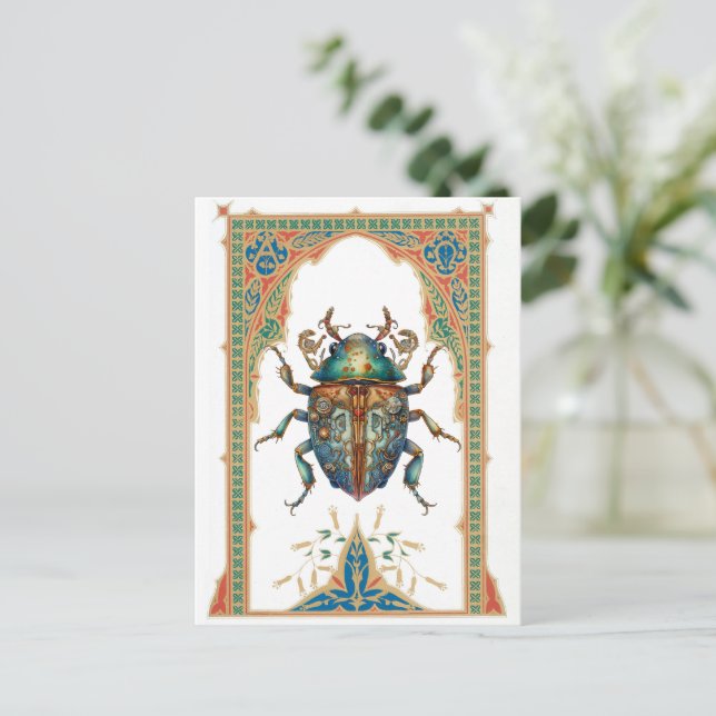 Ornate steampunk blue beatle postcard (Standing Front)
