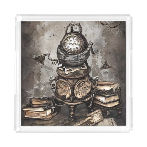 Ornate Steampunk Cauldron  Spellbooks and Clocks Acrylic Tray