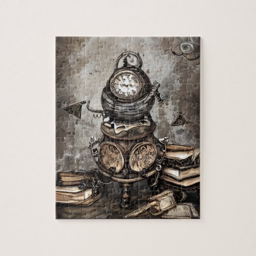 Ornate Steampunk Cauldron  Spellbooks and Clocks Jigsaw Puzzle