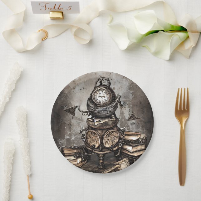 Ornate Steampunk Cauldron | Spellbooks and Clocks Paper Plates (Wedding)