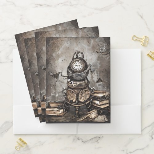 Ornate Steampunk Cauldron  Spellbooks and Clocks Pocket Folder